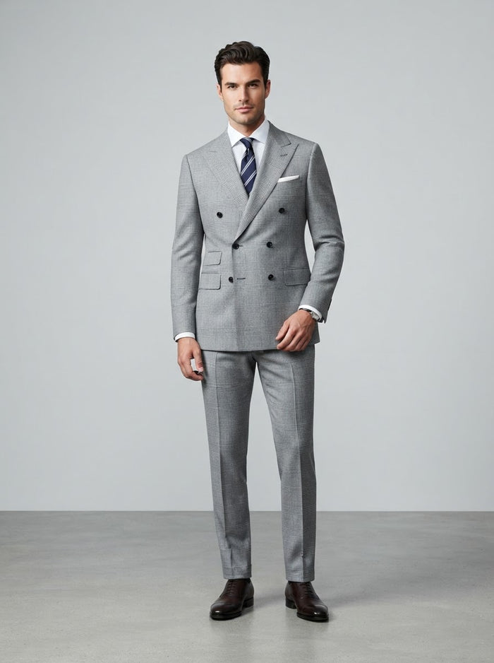 Executive DRW-2 Double Breasted Suit — Light Gray Glen Plaid