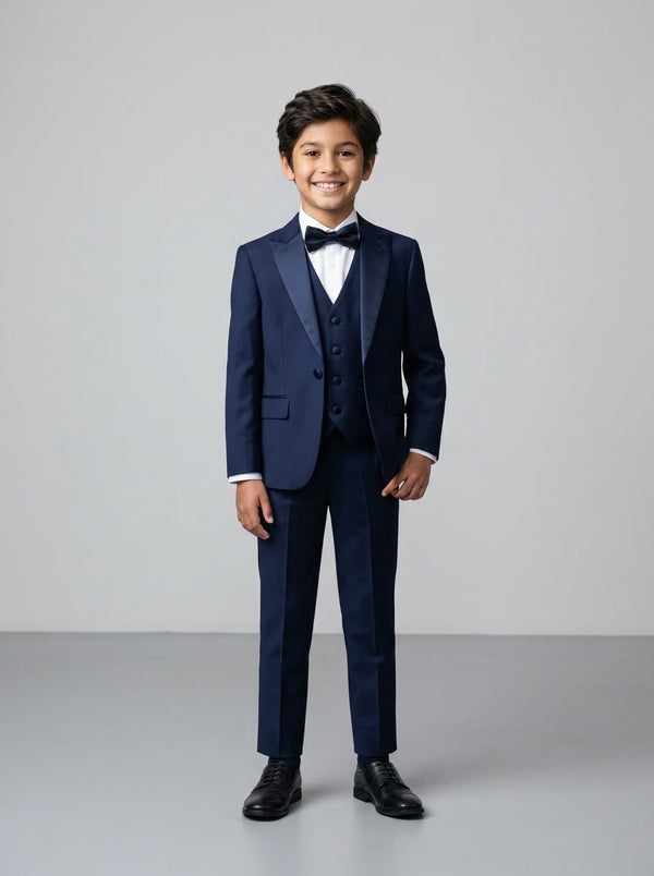BT187 Boy Solid 4PC Tuxedo Set — Navy w/ Satin Peak Lapel