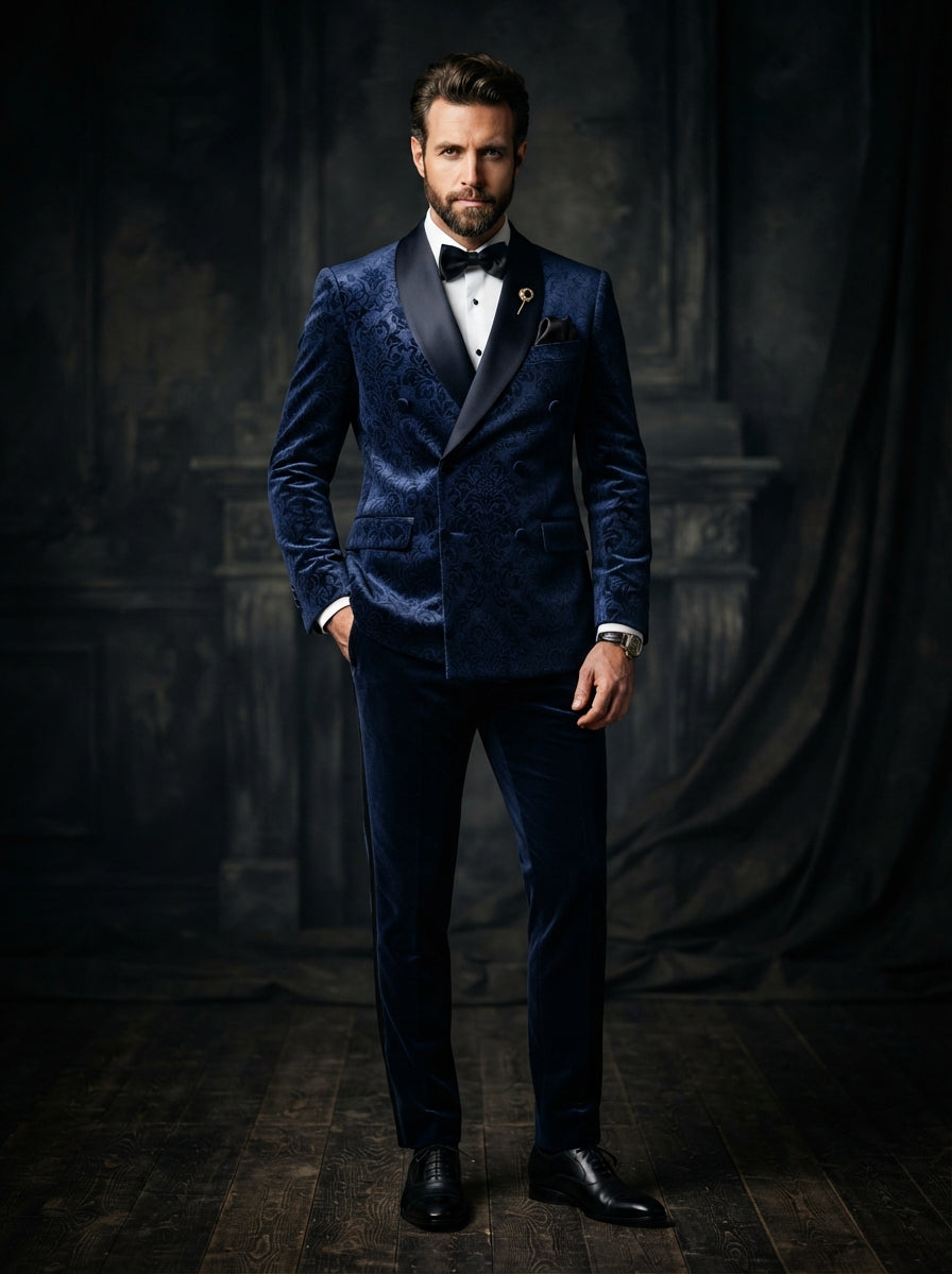 Renesanse Velvet Double Breasted Suit — Navy Blue Floral Damask Embossed Velvet