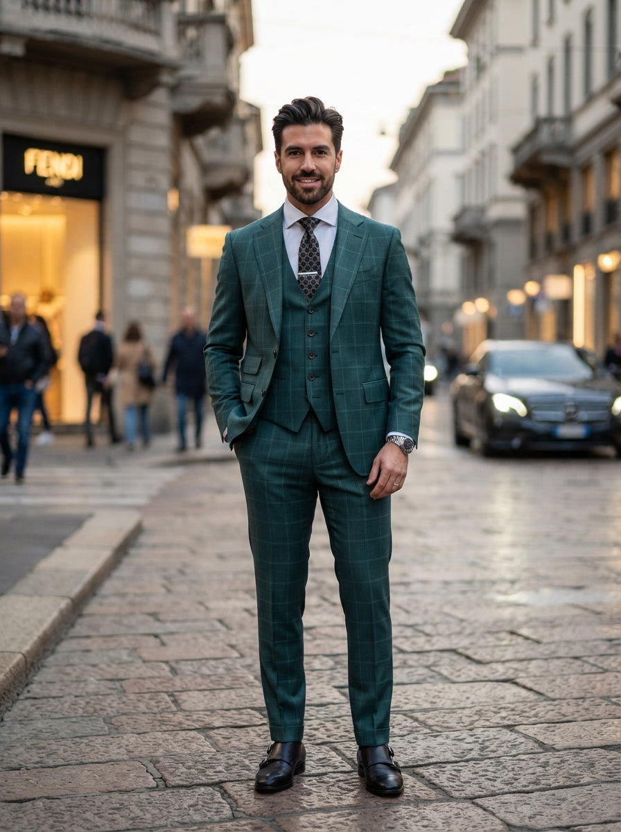 Modena 3PC Windowpane Suit — Jade Teal Super 200s Wool & Cashmere