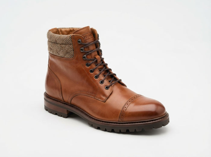 STUART Cap Toe Quilted Collar Boot — Tan Cognac Leather w/ Quilted Collar & Lug Sole