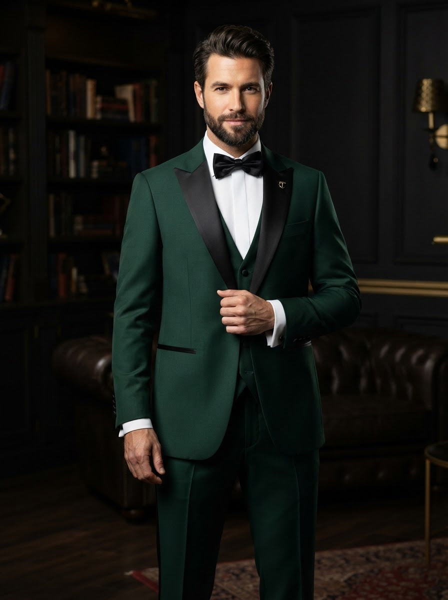 TUX-SH 3PC Tailored Fit Tuxedo — Hunter Green w/ Black Satin Shawl Lapel