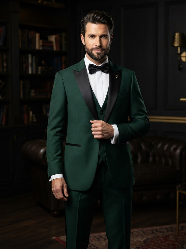 TUX-SH 3PC Tailored Fit Tuxedo — Hunter Green w/ Black Satin Shawl Lapel