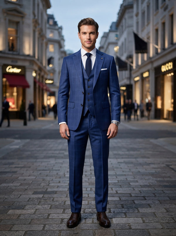 Modena 3PC Windowpane Suit — Royal Blue Super 200s Wool & Cashmere