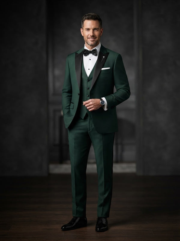MGM 3PC Tailored Fit Suit Set — Hunter Green w/ Black Peak Satin Lapel