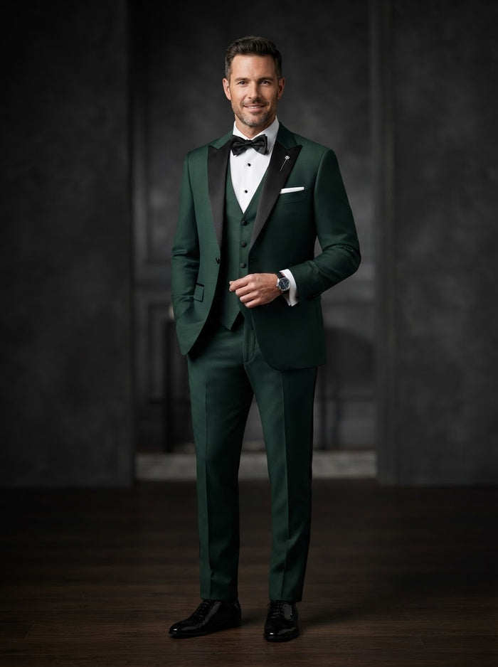 MGM 3PC Tailored Fit Suit Set — Hunter Green w/ Black Peak Satin Lapel