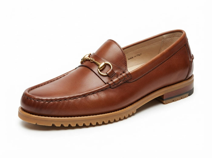 The Usher Moc Toe Cold Bit Slip-On — Chestnut Brown w/ Tan Ribbed Rubber Sole
