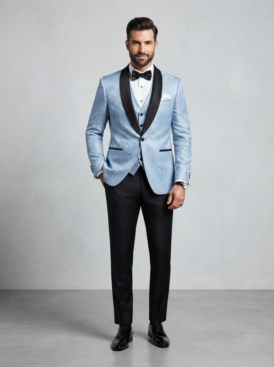 TVSJ-1 Slim Fit 3PC Jacquard Tuxedo — Light Blue Jacquard w/ Black Satin Lapel