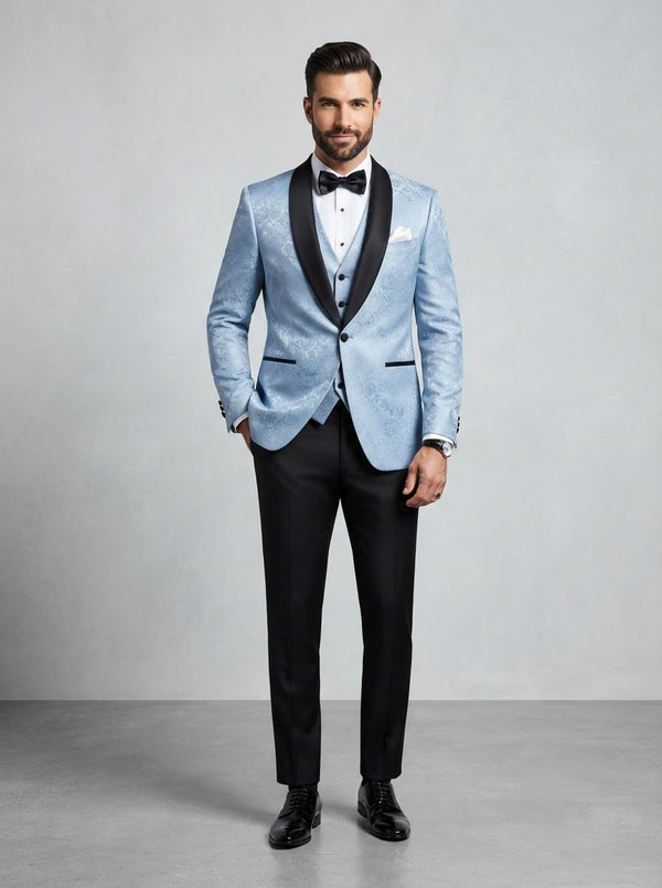 TVSJ-1 Slim Fit 3PC Jacquard Tuxedo — Light Blue Jacquard w/ Black Satin Lapel