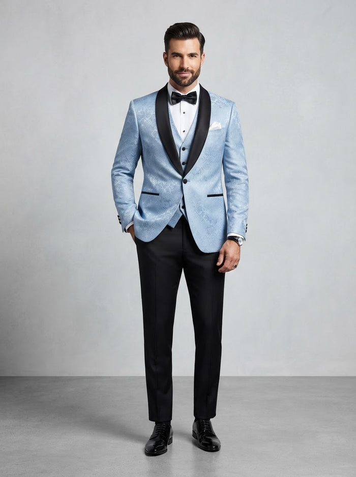 TVSJ-1 Slim Fit 3PC Jacquard Tuxedo — Light Blue Jacquard w/ Black Satin Lapel