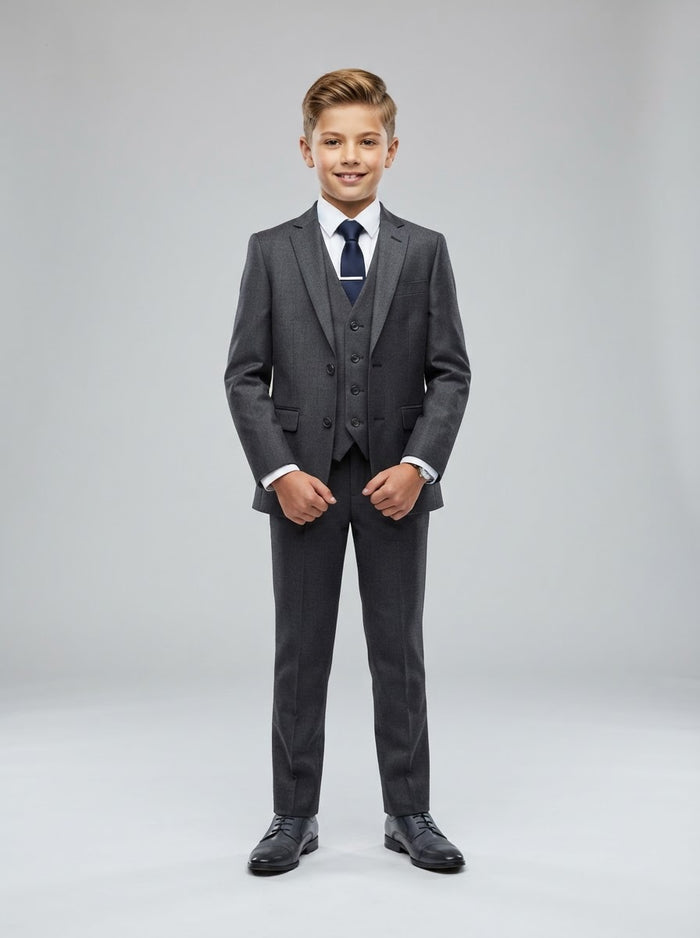 PB181 Boy Solid Sharkskin 5PC Suit Set — Grey Slate w/ Notch Lapel