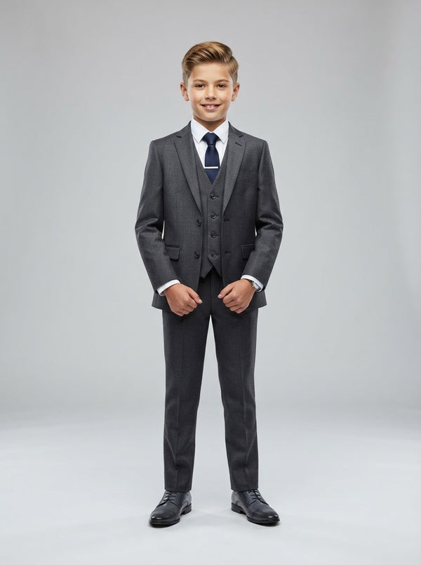 PB181 Boy Solid Sharkskin 5PC Suit Set — Silver Grey w/ Notch Lapel
