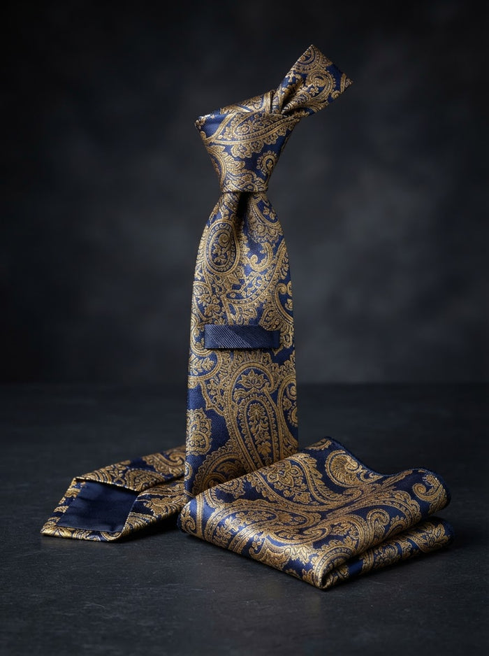 Microfiber Tie & Hanky Set MTE10-1 — Navy & Gold Paisley