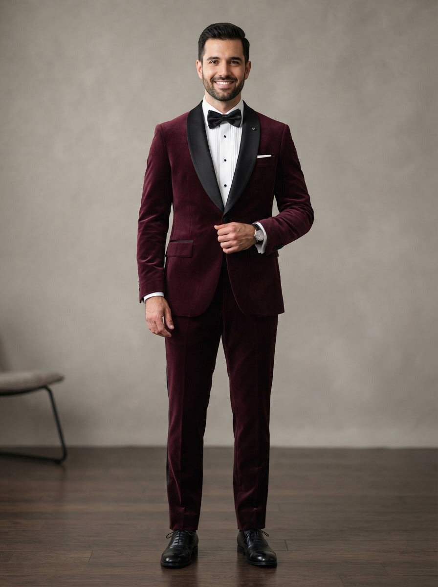 VL-100 Tailored 2PC Velvet Tuxedo — Burgundy Velvet w/ Black Lapel