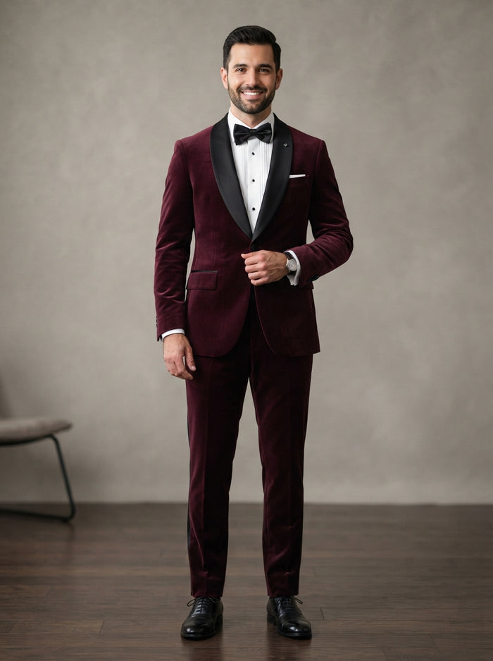 VL-100 Tailored 2PC Velvet Tuxedo — Burgundy Velvet w/ Black Lapel