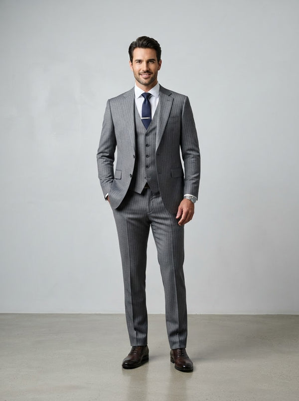Executive V2RS-7 3PC Pinstripe Suit — Medium Gray Pinstripe