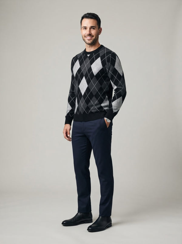 LSW4 Argyle Crew Neck Sweater — Black / Silver / Gray Argyle