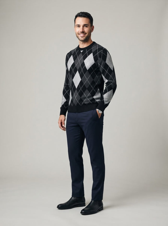 LSW4 Argyle Crew Neck Sweater — Black / Silver / Gray Argyle