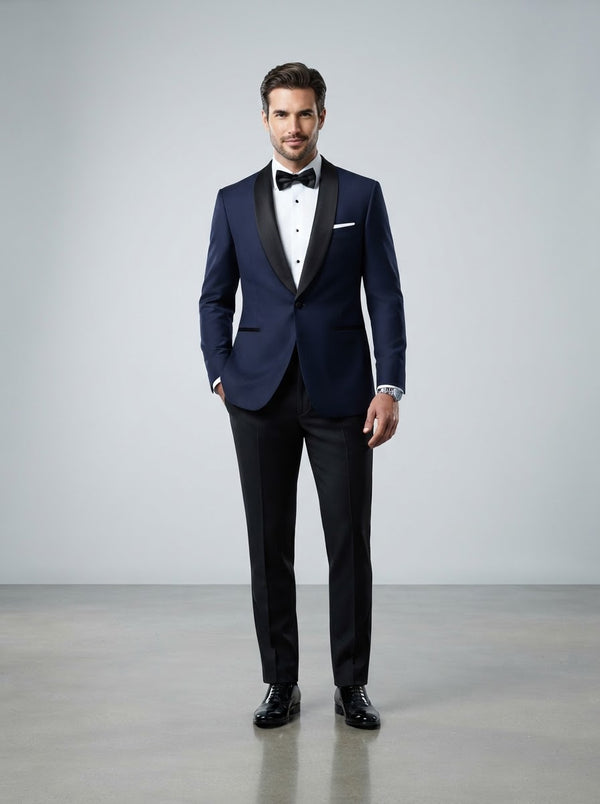 T-SS Slim Fit Shawl Tuxedo — Navy Blue w/ Black Satin Lapel