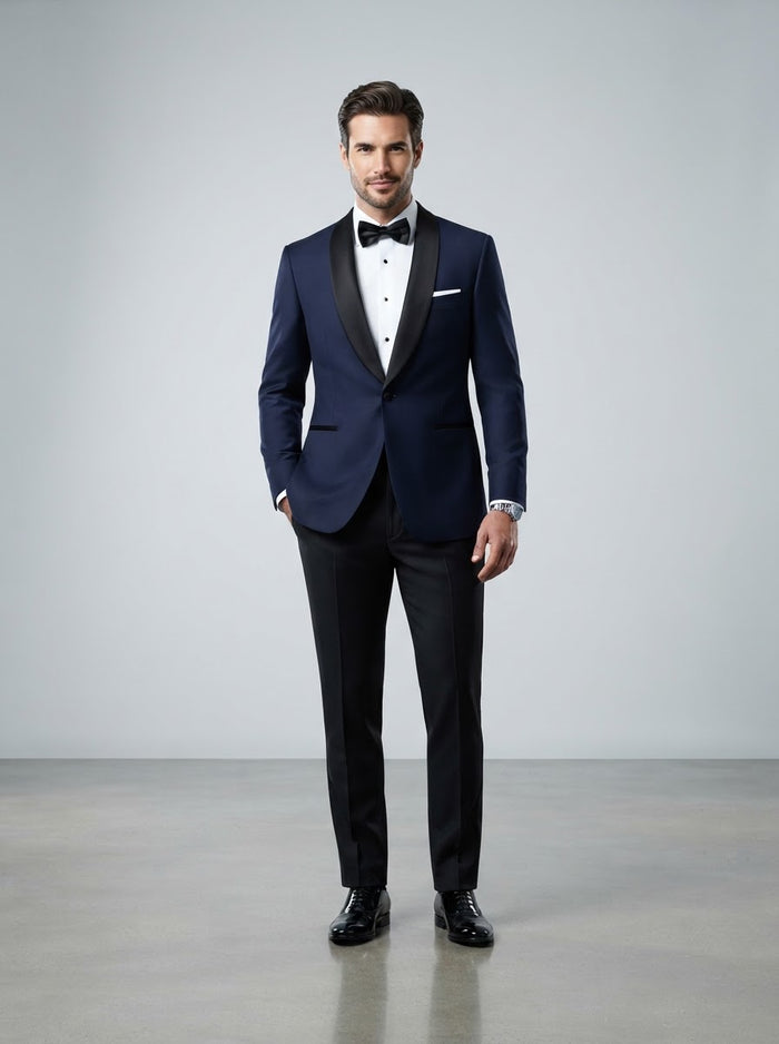 T-SS Slim Fit Shawl Tuxedo — Navy Blue w/ Black Satin Lapel