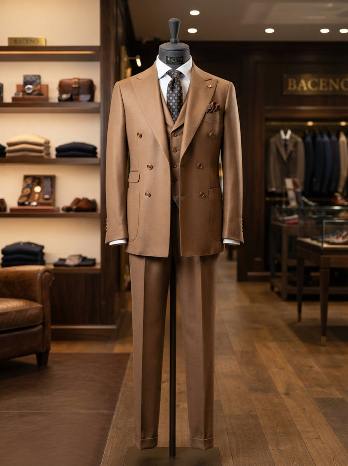 Baceno 3PC Double Breasted Suit — Bronze Tan Super 200s Wool & Cashmere