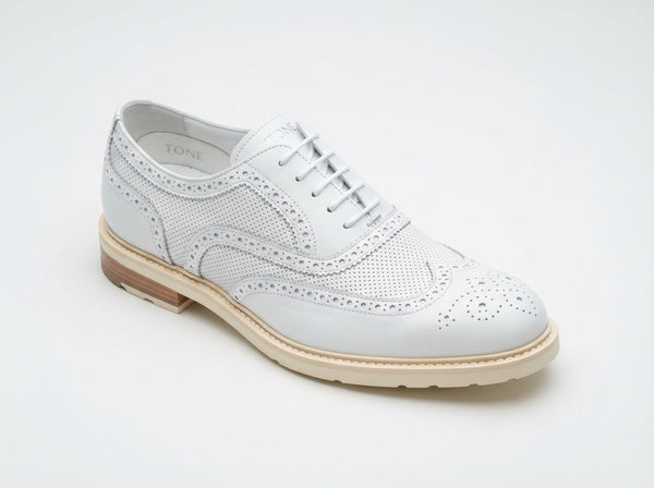 TONE Wingtip Lace Oxford — Pure White Perforated Leather w/ EVA Sole