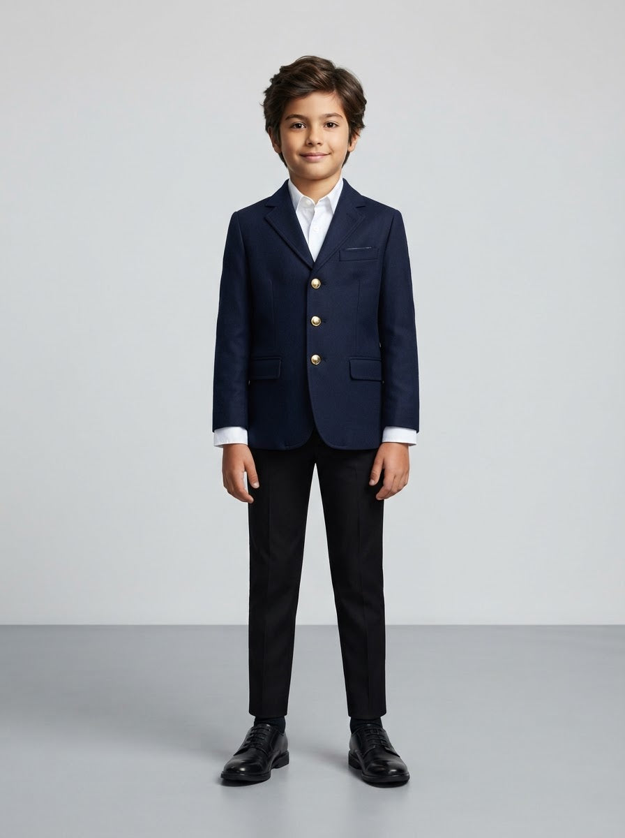 PBJ200 Boy Notch Lapel Blazer — Navy w/ Golden Buttons