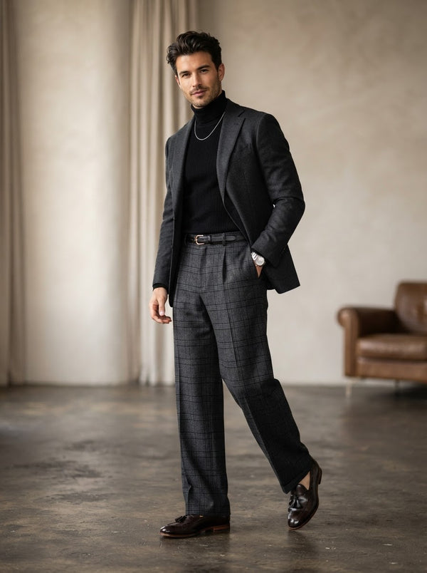 PL-303 Slim Fit Flat Front Plaid Dress Pants — Hunter Green Plaid