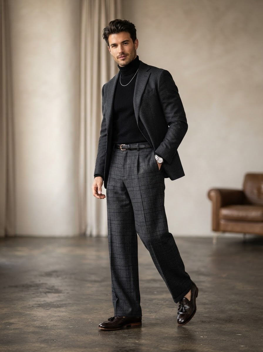 PL-304 Slim Fit Flat Front Plaid Dress Pants — Off-White / Black Grid Plaid