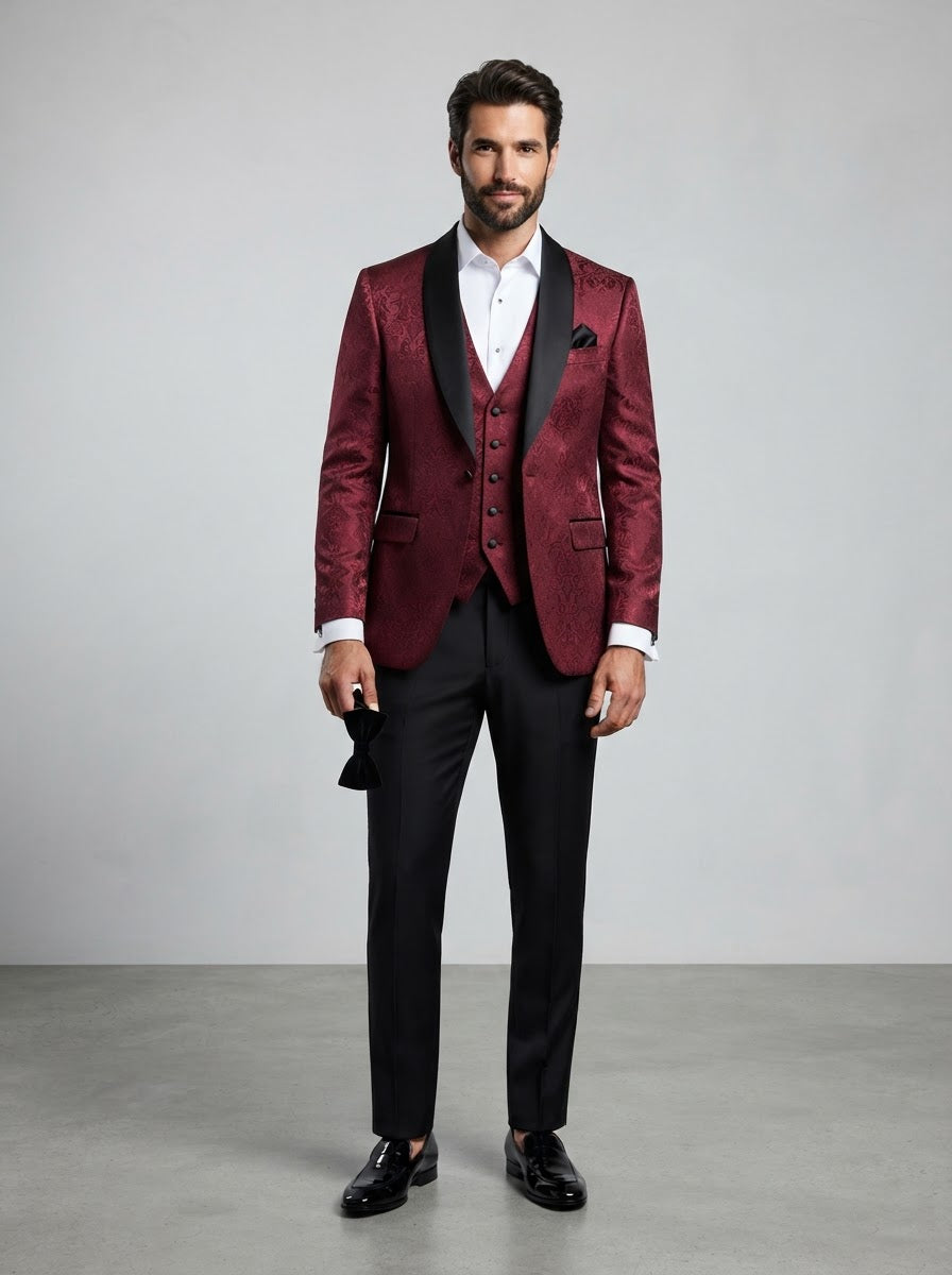 TVSJ-1 Slim Fit 3PC Jacquard Tuxedo — Red Jacquard w/ Black Satin Lapel