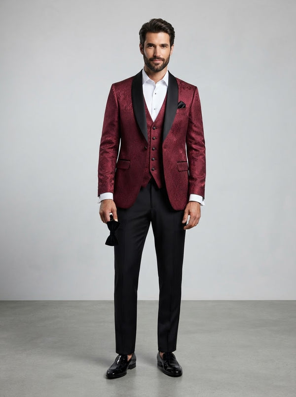 TVSJ-1 Slim Fit 3PC Jacquard Tuxedo — Red Jacquard w/ Black Satin Lapel