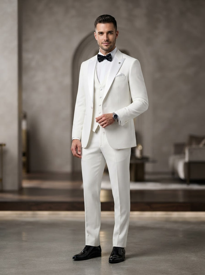 TUX-SH 3PC Tailored Fit Tuxedo — Pure White w/ Satin Lapel