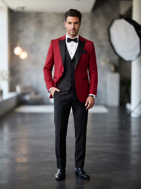 4TV-2 Regular Fit 4-Piece Tuxedo Set — Statement Red w/ Black Satin Peak Lapel & Vest