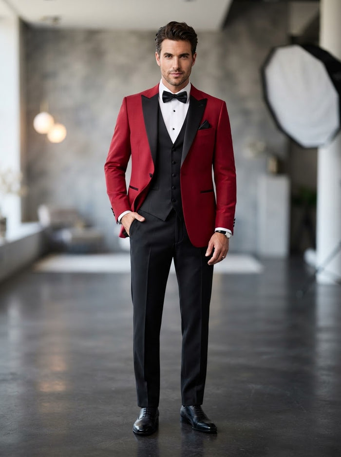 4TV-2 Regular Fit 4-Piece Tuxedo Set — Statement Red w/ Black Satin Peak Lapel & Vest