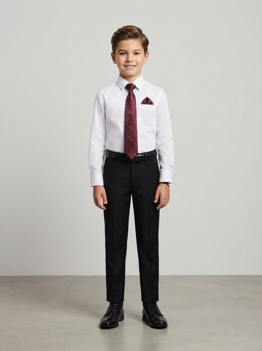 PBTF19 Boy Dress Shirt & Tie Set — White Shirt w/ Burgundy Patterned Tie