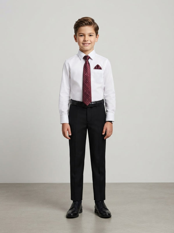 PBTF19 Boy Dress Shirt & Tie Set — White Shirt w/ Burgundy Patterned Tie