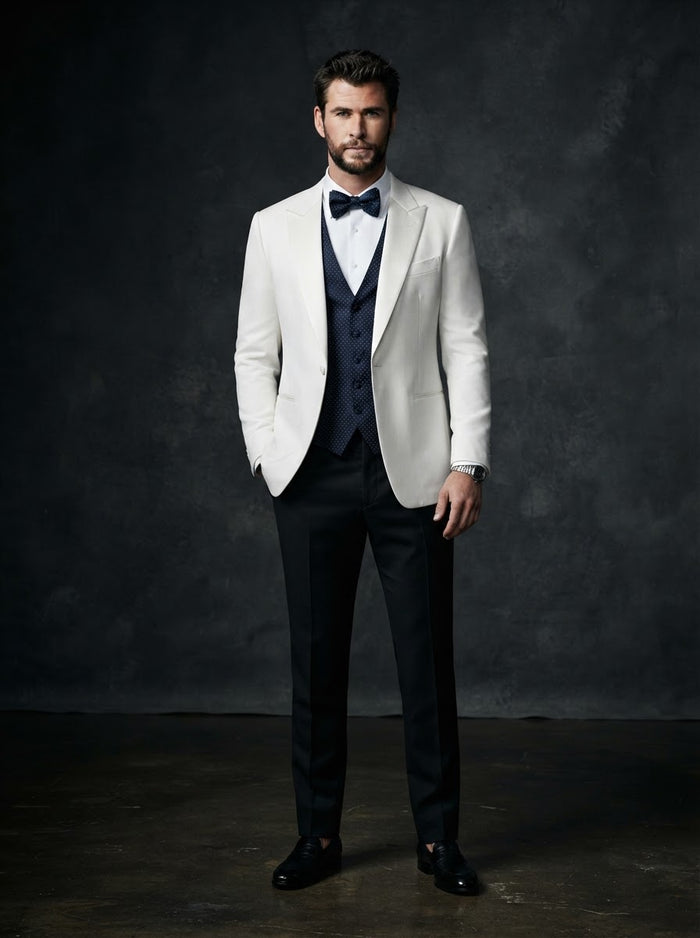 Classic White 2-Button Tuxedo w/ Polka Dot Bow — White