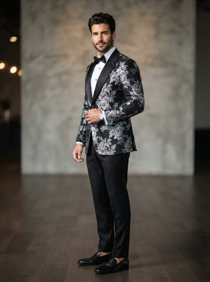 TSJQ-1 Slim Fit Jacquard Tuxedo — Black & Silver Floral Jacquard Pattern