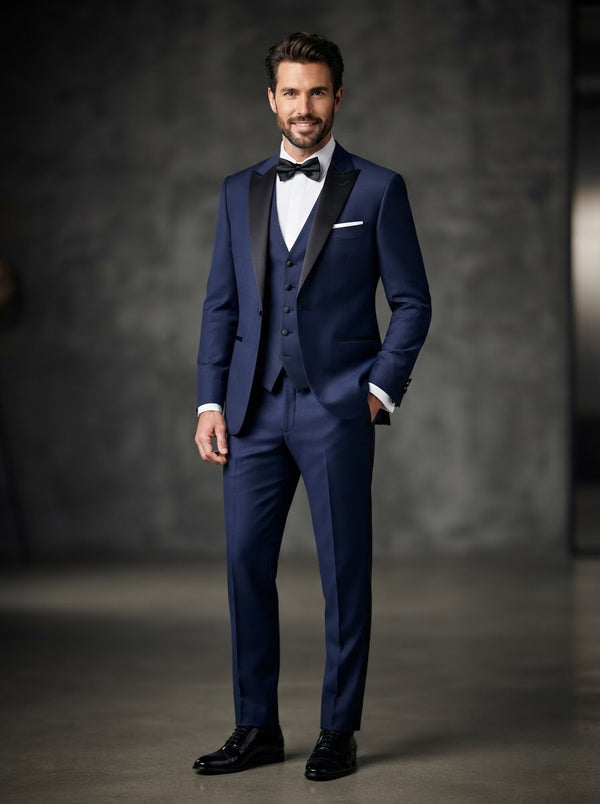 Tux-PK 3PC Peak Lapel Tuxedo — Navy Blue Super 180s Wool