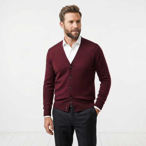 Marquis 157 Button V-Neck Cardigan — Burgundy Wine