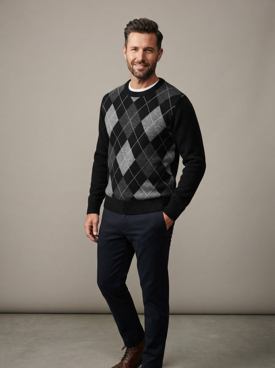 LSW4 Argyle Crew Neck Sweater — Black / Gray / Charcoal Argyle