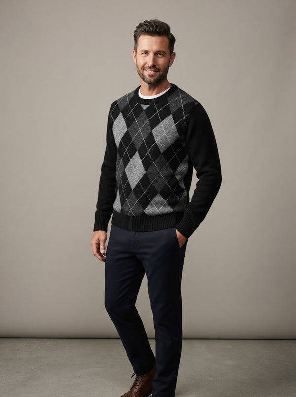 LSW4 Argyle Crew Neck Sweater — Black / Gray / Charcoal Argyle
