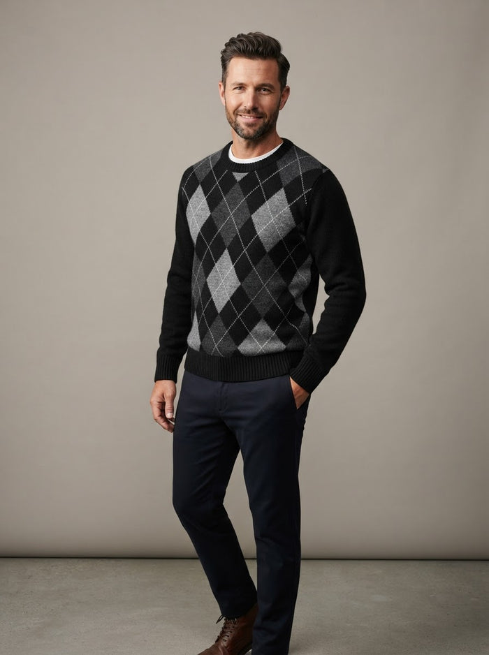 LSW4 Argyle Crew Neck Sweater — Black / Gray / Charcoal Argyle