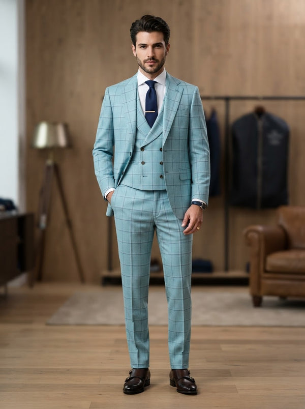Diego 3PC Windowpane Plaid Suit — Aqua Sky Blue Super 200s Wool & Cashmere