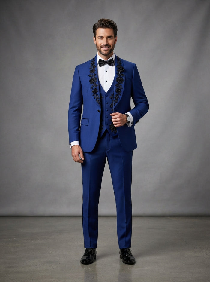 Chic 3PC Luxury Rhinestone Tuxedo — Royal Blue & Rhinestone Trim