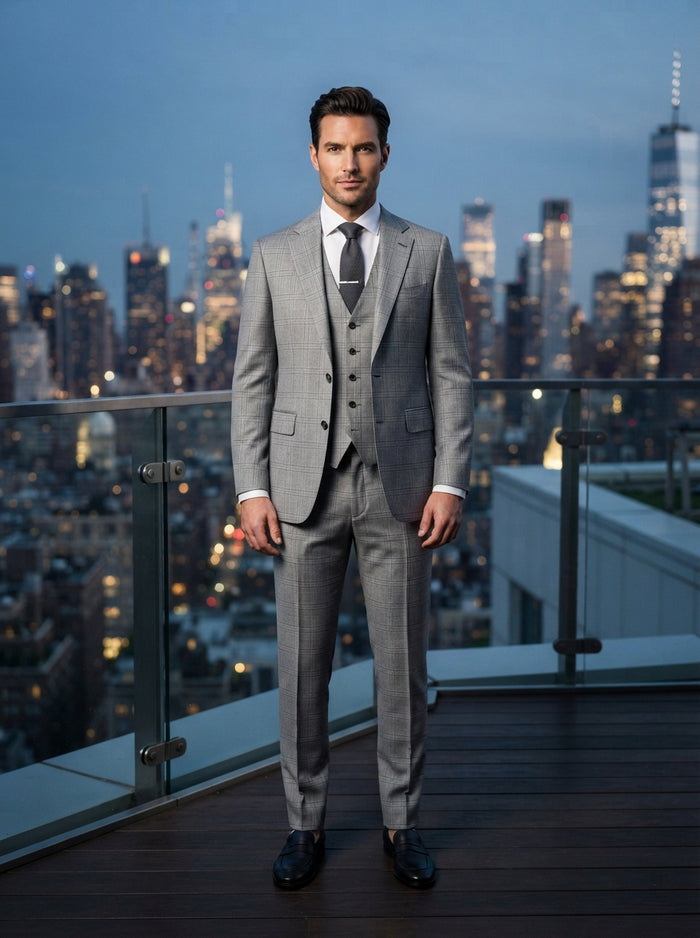 Osteria 3PC Tailored Plaid Suit — Ash Grey Super 200s Wool & Cashmere