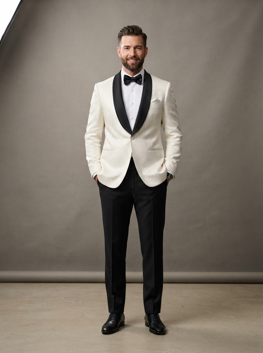 Gala Shawl Collar Jacquard Tuxedo — Ivory White Tone-on-Tone Paisley w/ Black Satin Shawl