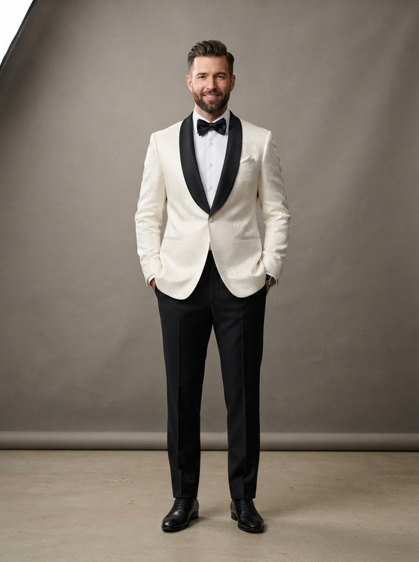 Gala Shawl Collar Jacquard Tuxedo — Ivory White Tone-on-Tone Paisley w/ Black Satin Shawl