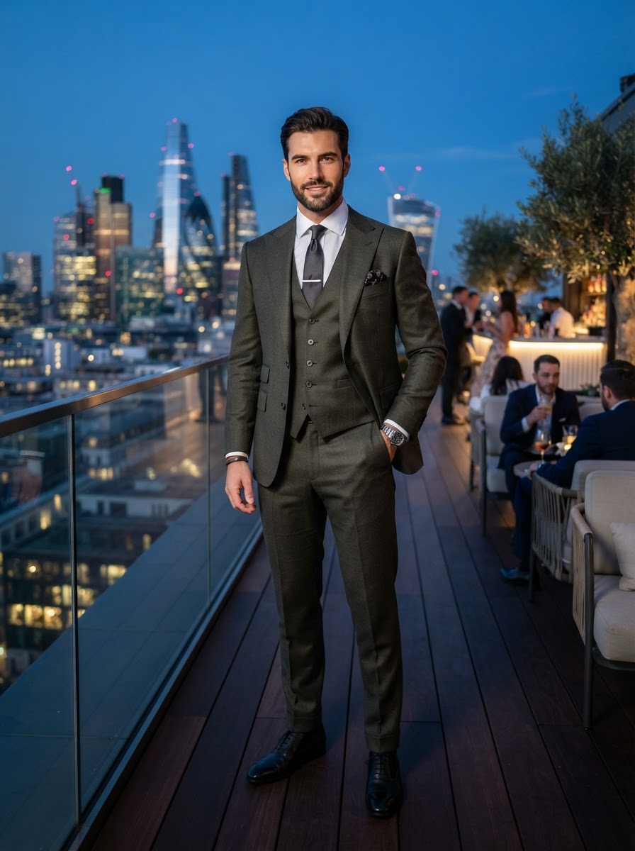Modern Olive Charcoal Peak Lapel Suit — Olive