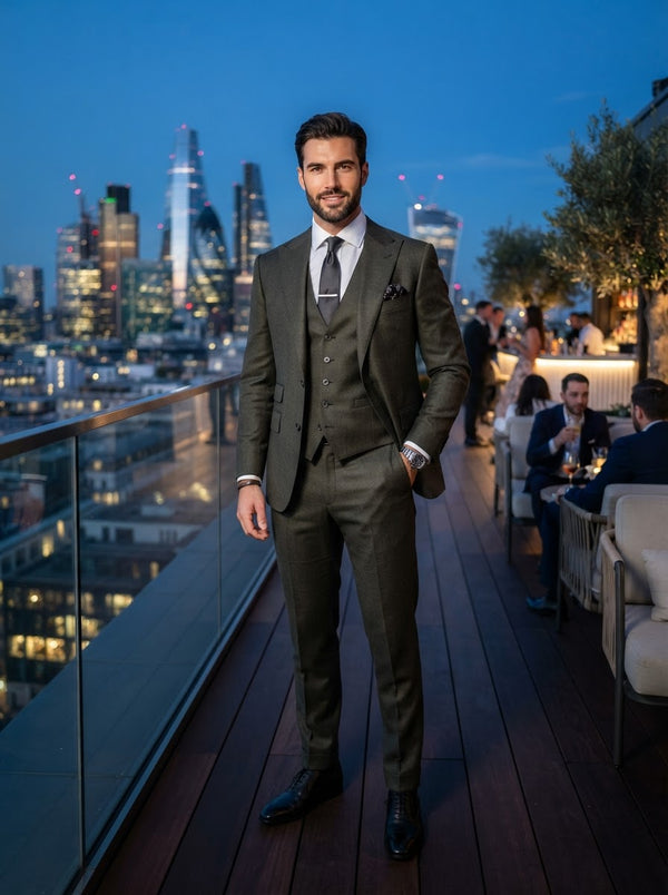 Modern Olive Charcoal Peak Lapel Suit — Olive